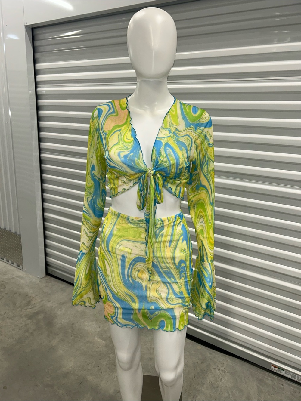 AKIRA Lime, Blue & Cream Swirl Tie-Front Coverup Set